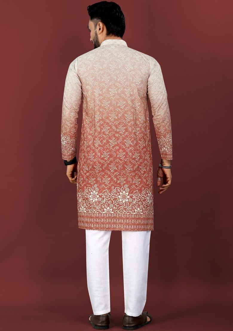 Red Printed Viscose Kurta Set For Men - Indya