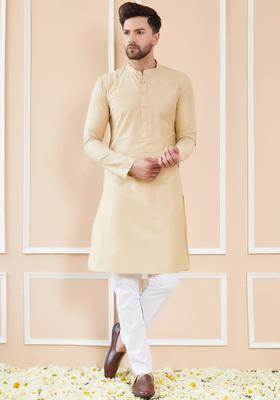 Cream Solid Cotton Kurta Set For Men
