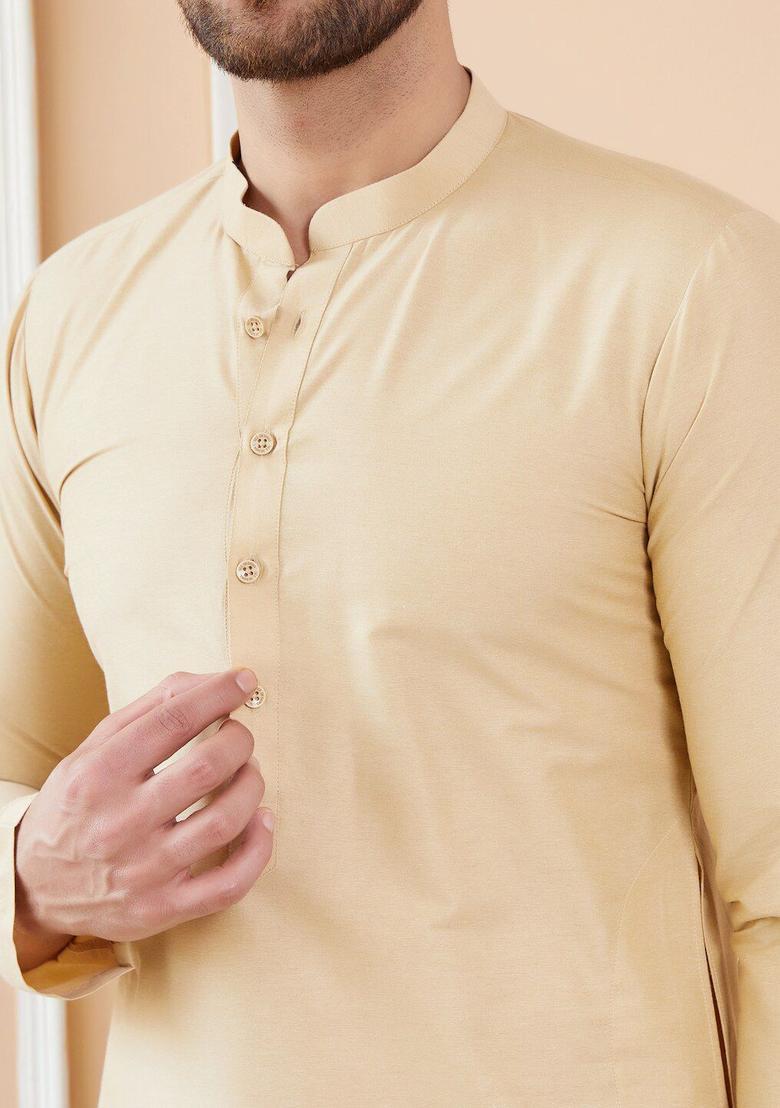 Cream Solid Cotton Kurta Set For Men - Indya
