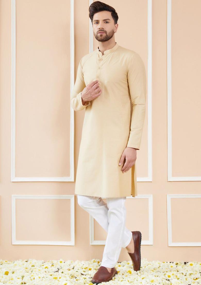 Cream Solid Cotton Kurta Set For Men - Indya