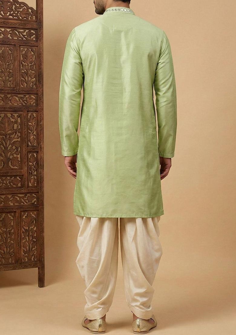 Lime Green Embroidered Silk Kurta Set For Men - Indya