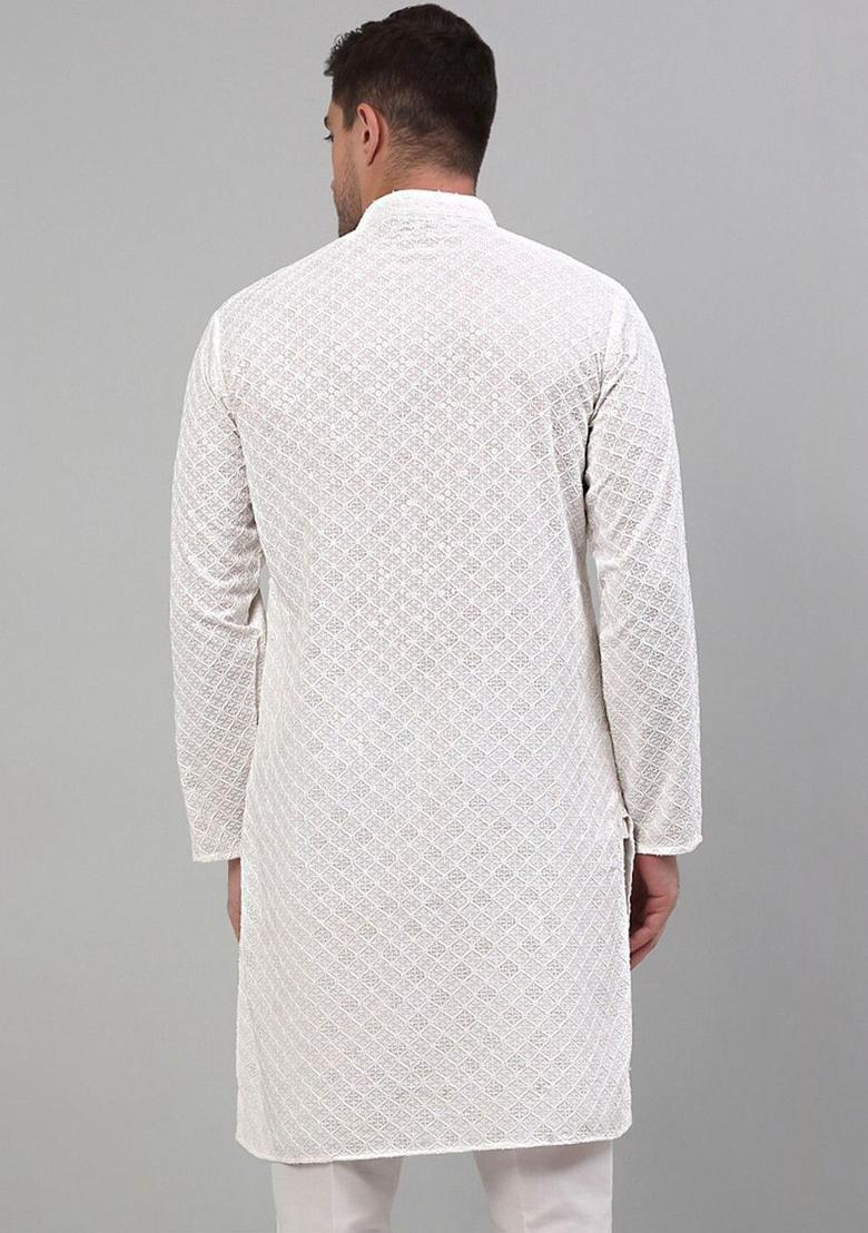 White Embroidered Viscose Kurta Set For Men - Indya