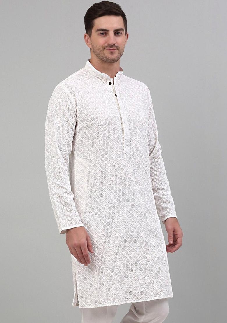 White Embroidered Viscose Kurta Set For Men - Indya
