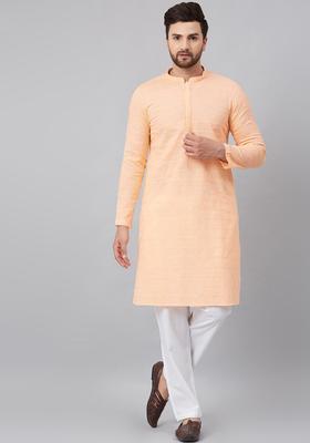 Peach Woven Design Cotton Kurta Set For Men