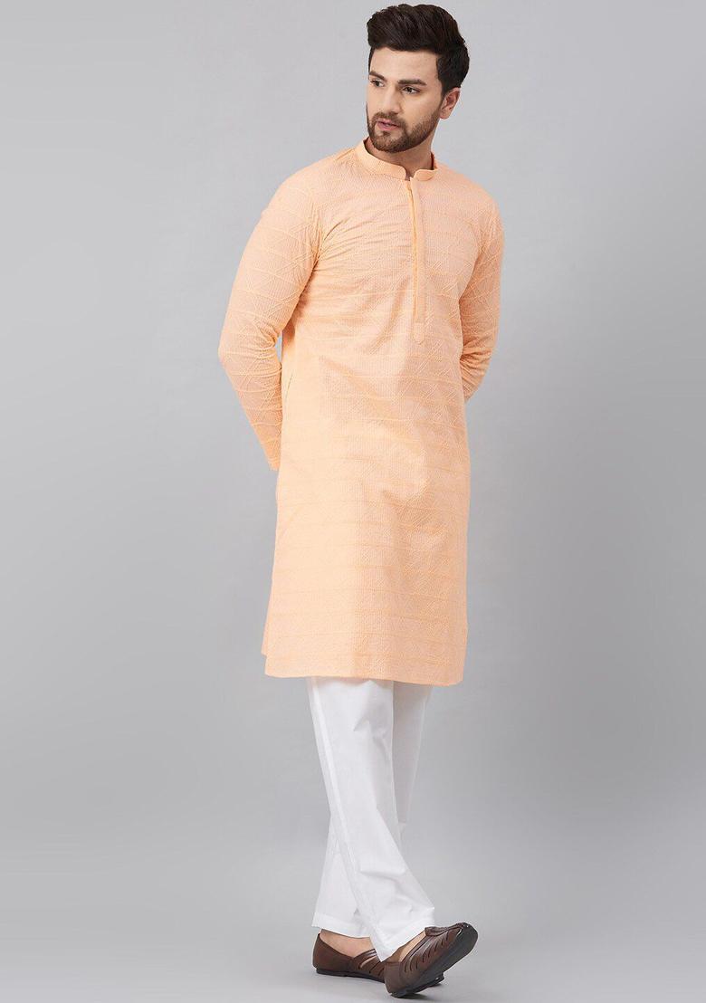 Peach Woven Design Cotton Kurta Set For Men - Indya