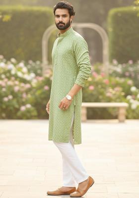 Green Self Design Silk Kurta Set For Men