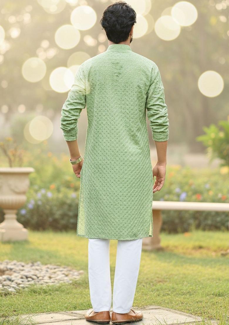 Green Self Design Silk Kurta Set For Men - Indya
