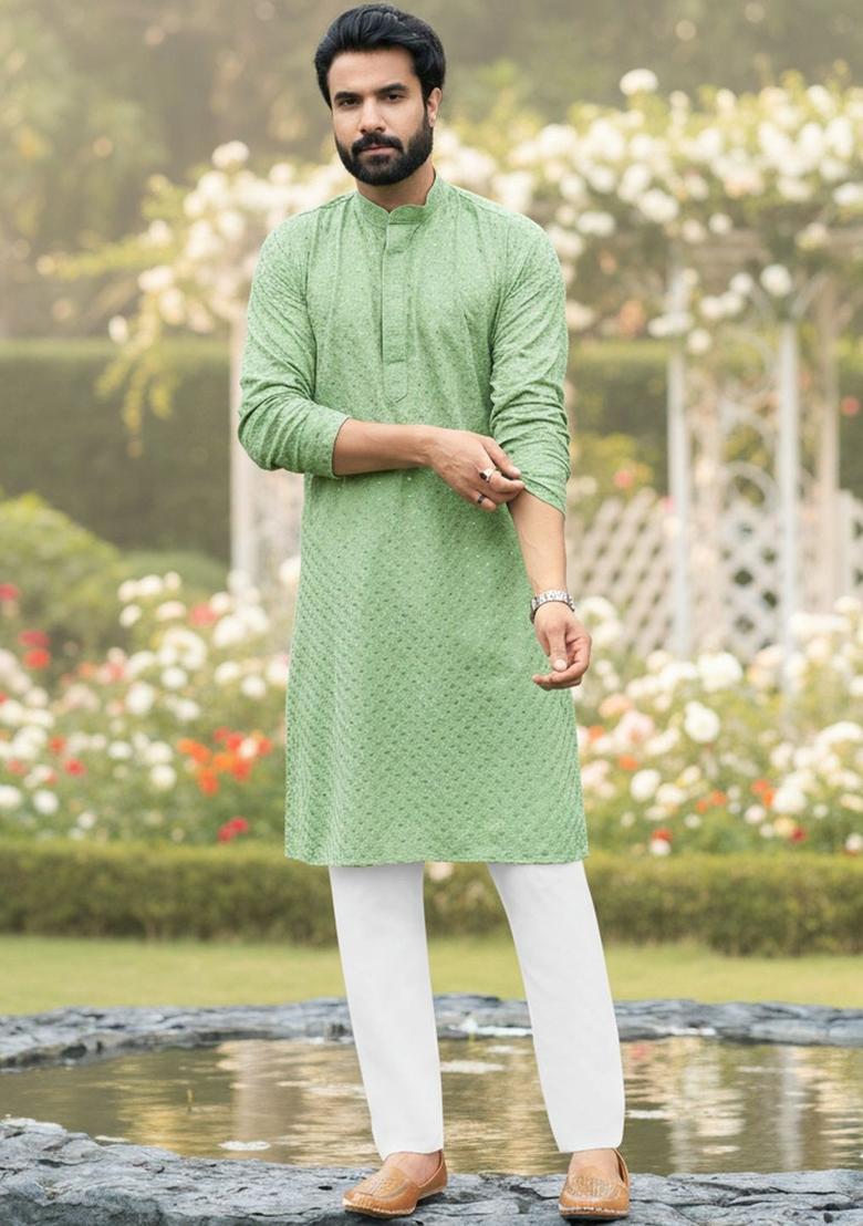Green Self Design Silk Kurta Set For Men - Indya