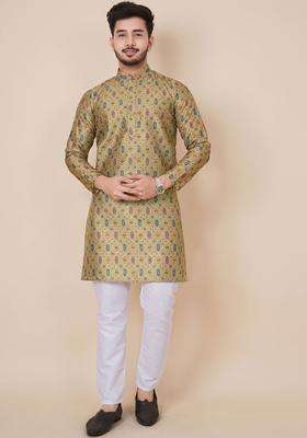 Beige Printed Cotton Kurta Set For Men