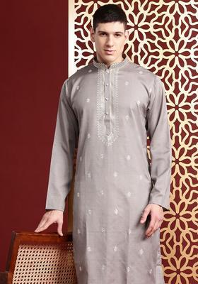 Grey Embroidered Cotton Kurta Set For Men