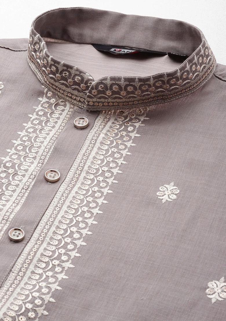 Grey Embroidered Cotton Kurta Set For Men - Indya