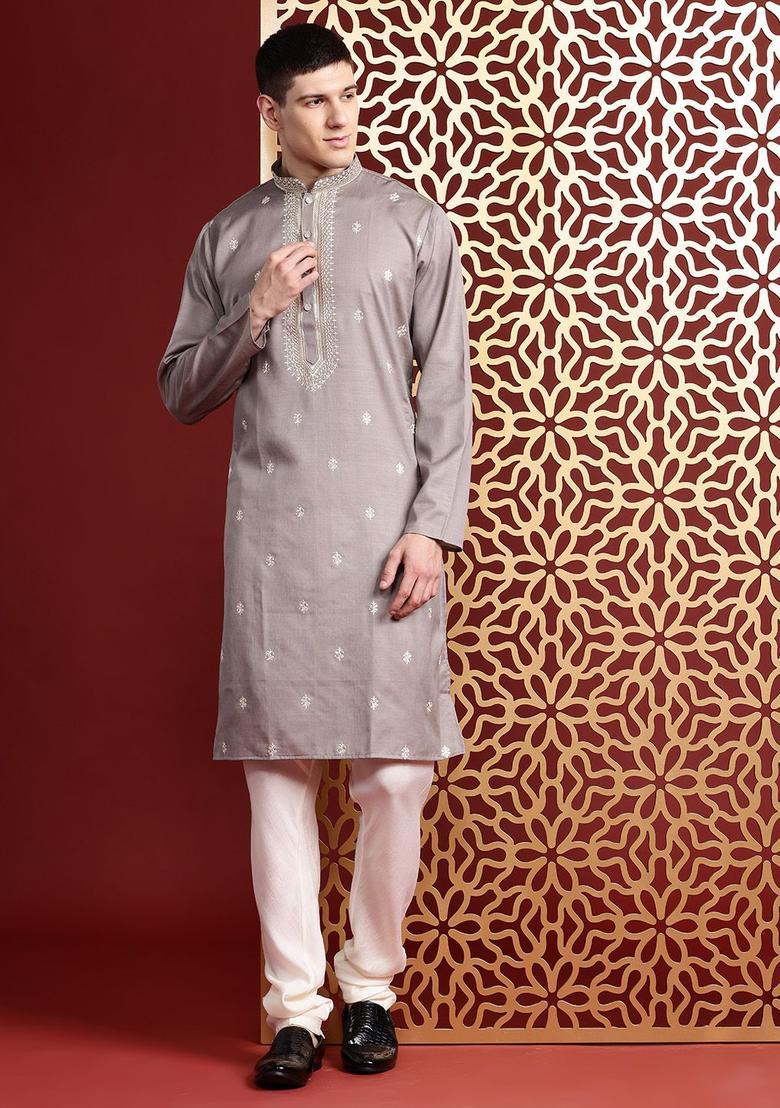 Grey Embroidered Cotton Kurta Set For Men - Indya