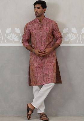 Pink Printed Silk Kurta Set For Men
