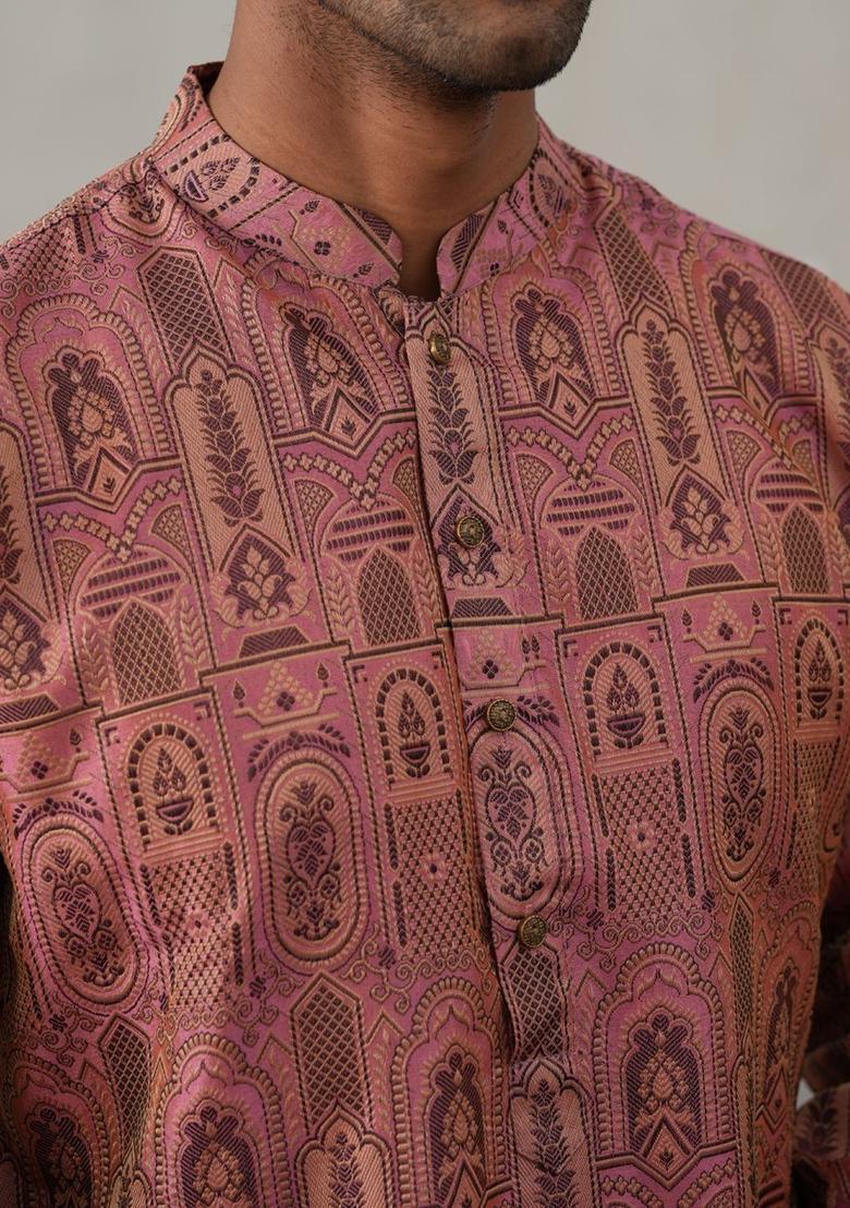 Pink Printed Silk Kurta Set For Men - Indya