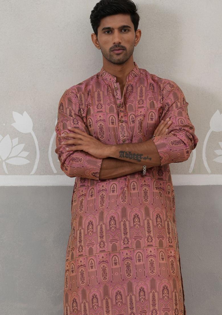 Pink Printed Silk Kurta Set For Men - Indya