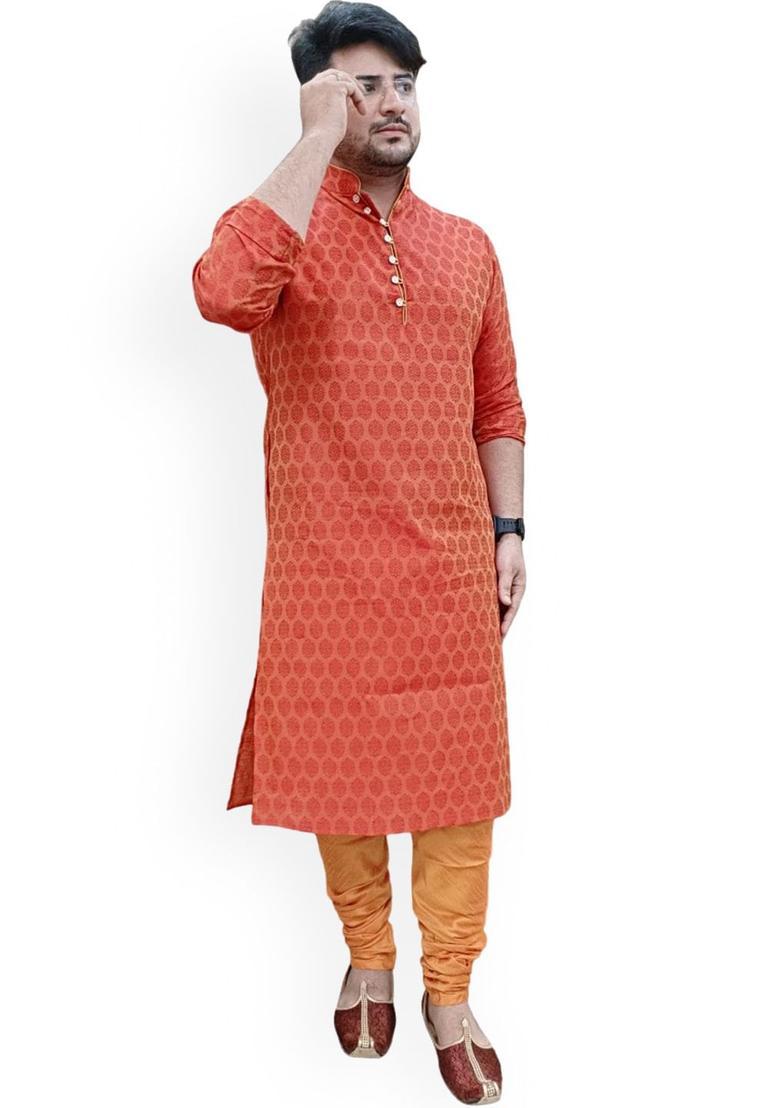 Orange Woven Design Cotton Kurta Set For Men - Indya