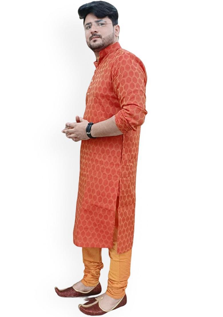 Orange Woven Design Cotton Kurta Set For Men - Indya