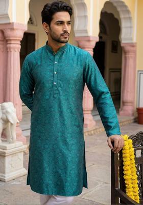 Turquoise Blue Woven Design Silk Kurta Set For Men