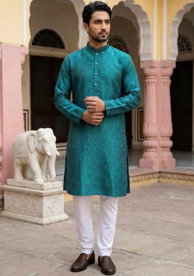 Turquoise Blue Woven Design Silk Kurta Set For Men - Indya