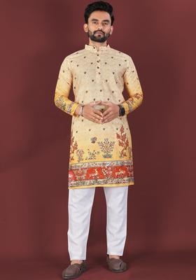 Orange Printed Viscose Kurta Set For Men