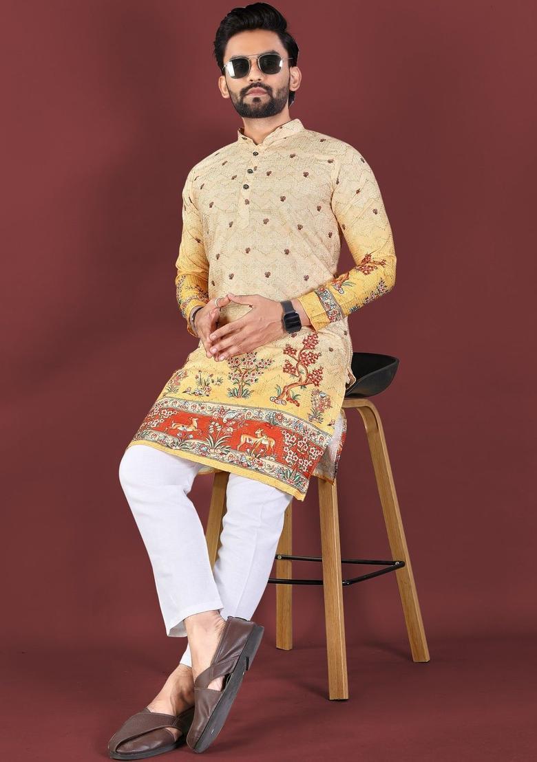 Orange Printed Viscose Kurta Set For Men - Indya