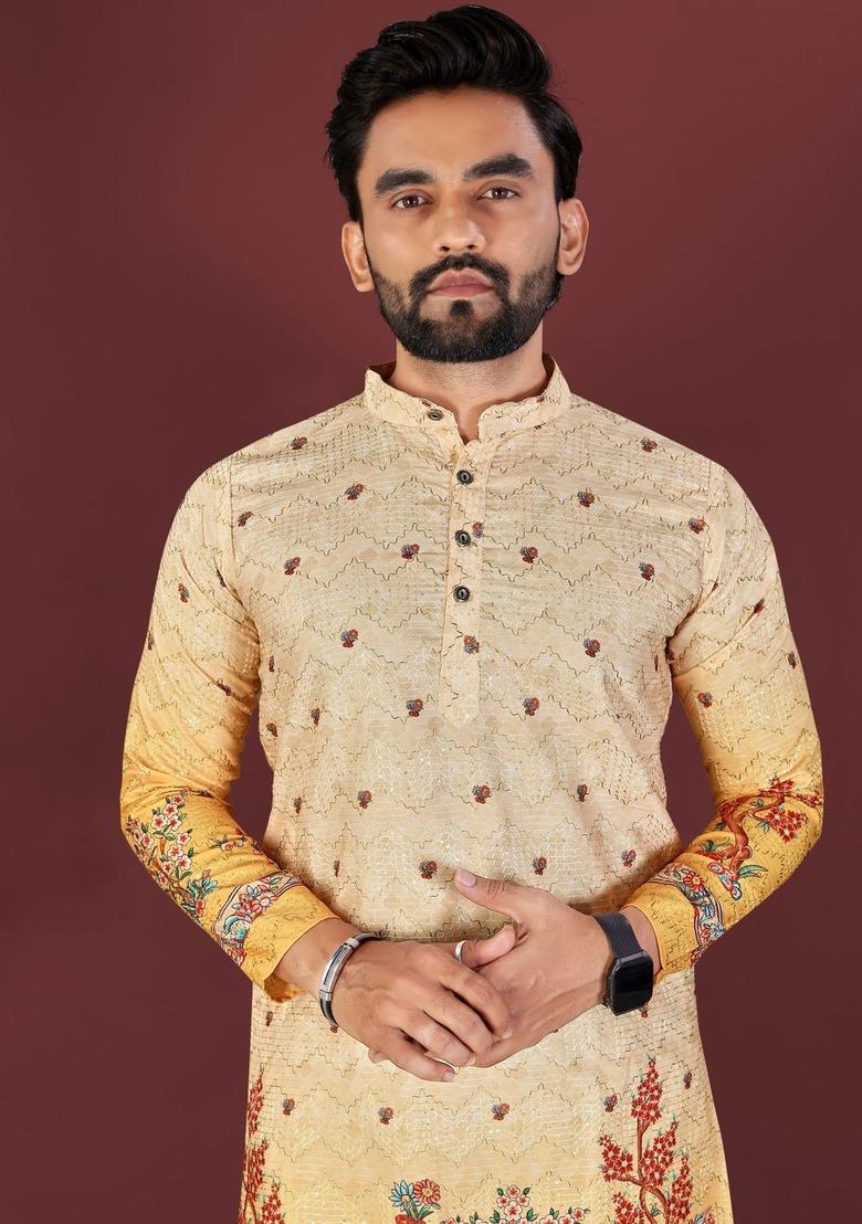 Orange Printed Viscose Kurta Set For Men - Indya