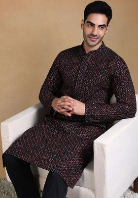 Black Woven Design Viscose Kurta Set For Men