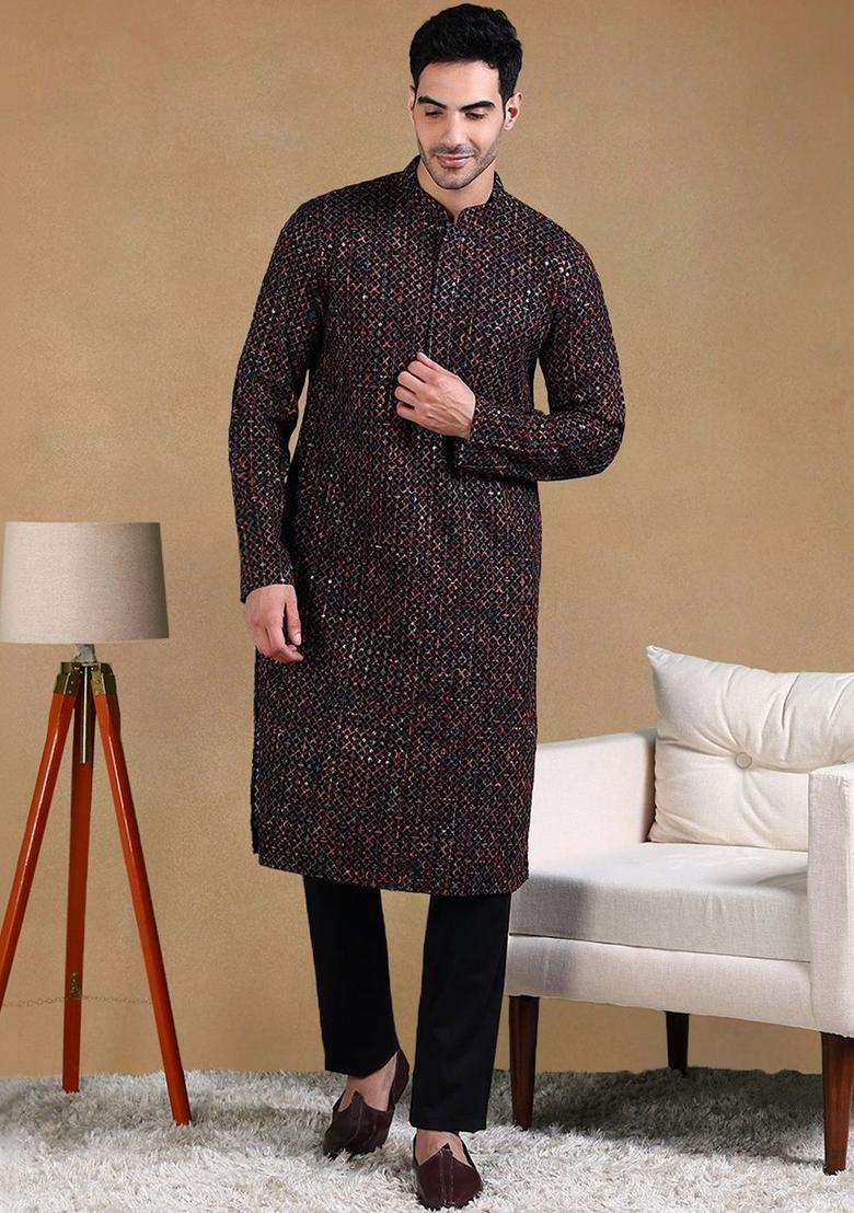 Black Woven Design Viscose Kurta Set For Men - Indya