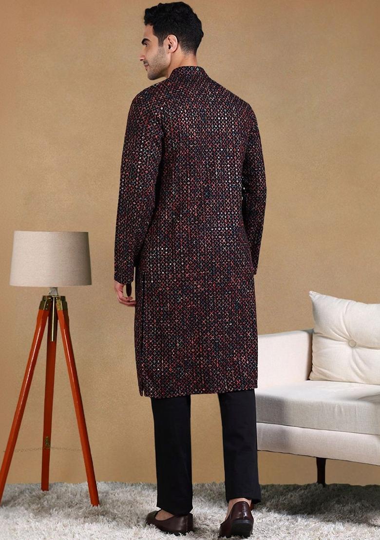 Black Woven Design Viscose Kurta Set For Men - Indya