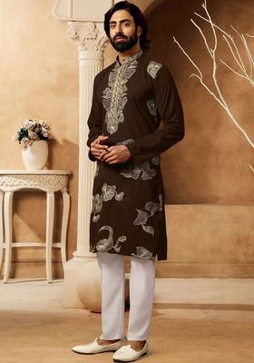 Brown Embroidered Cotton Kurta Set For Men