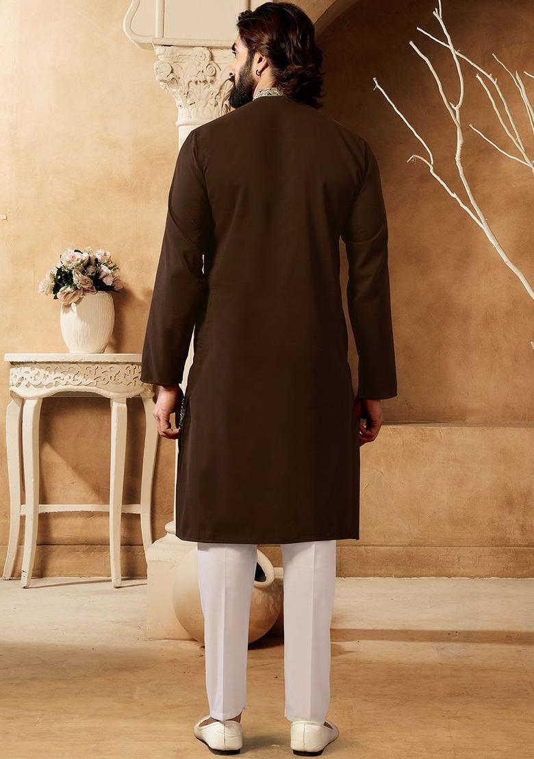 Brown Embroidered Cotton Kurta Set For Men - Indya