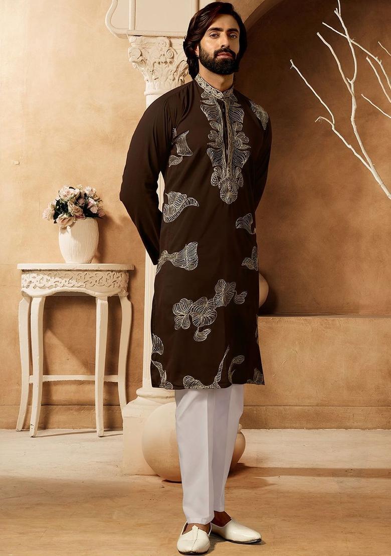 Brown Embroidered Cotton Kurta Set For Men - Indya