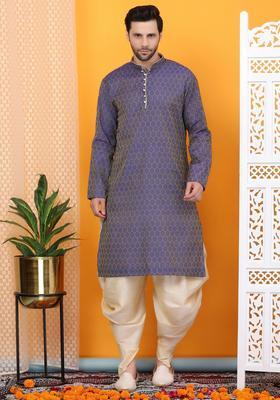 Blue Woven Design Cotton Kurta Set For Men