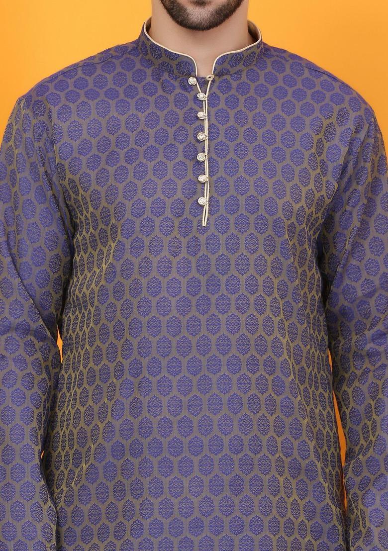 Blue Woven Design Cotton Kurta Set For Men - Indya