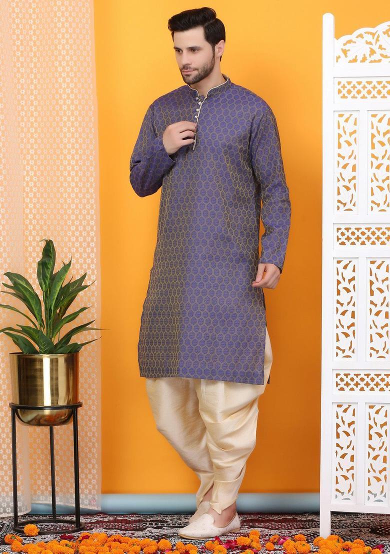 Blue Woven Design Cotton Kurta Set For Men - Indya