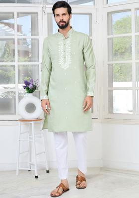 Green Woven Design Cotton Kurta Set For Men