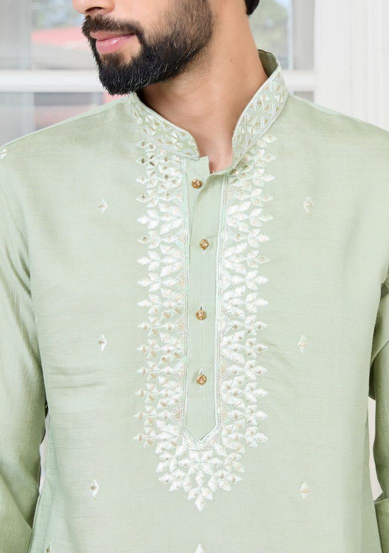 Green Woven Design Cotton Kurta Set For Men - Indya