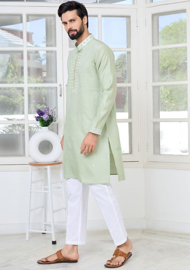 Green Woven Design Cotton Kurta Set For Men - Indya