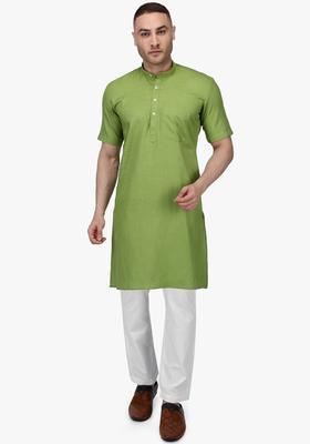 Olive Solid Cotton Kurta Set For Men