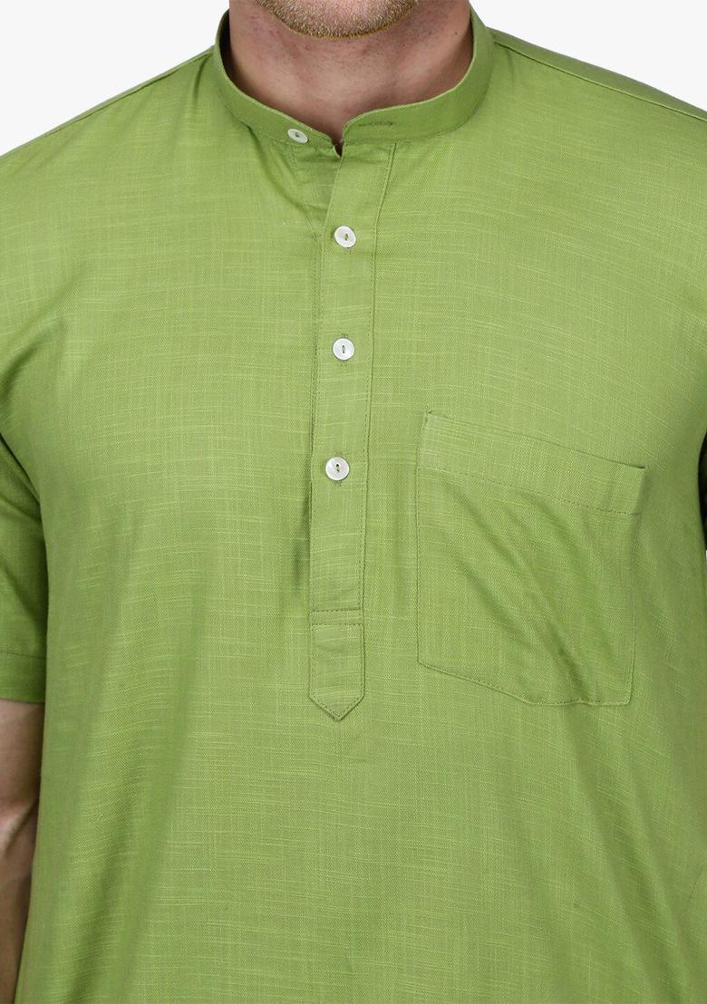 Olive Solid Cotton Kurta Set For Men - Indya