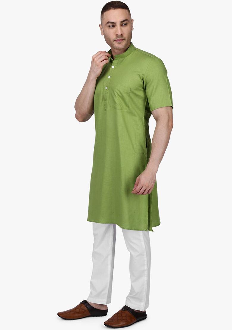 Olive Solid Cotton Kurta Set For Men - Indya