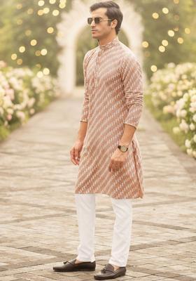 Brown Embroidered Cotton Kurta Set For Men