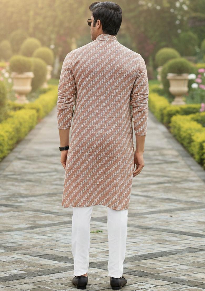 Brown Embroidered Cotton Kurta Set For Men - Indya