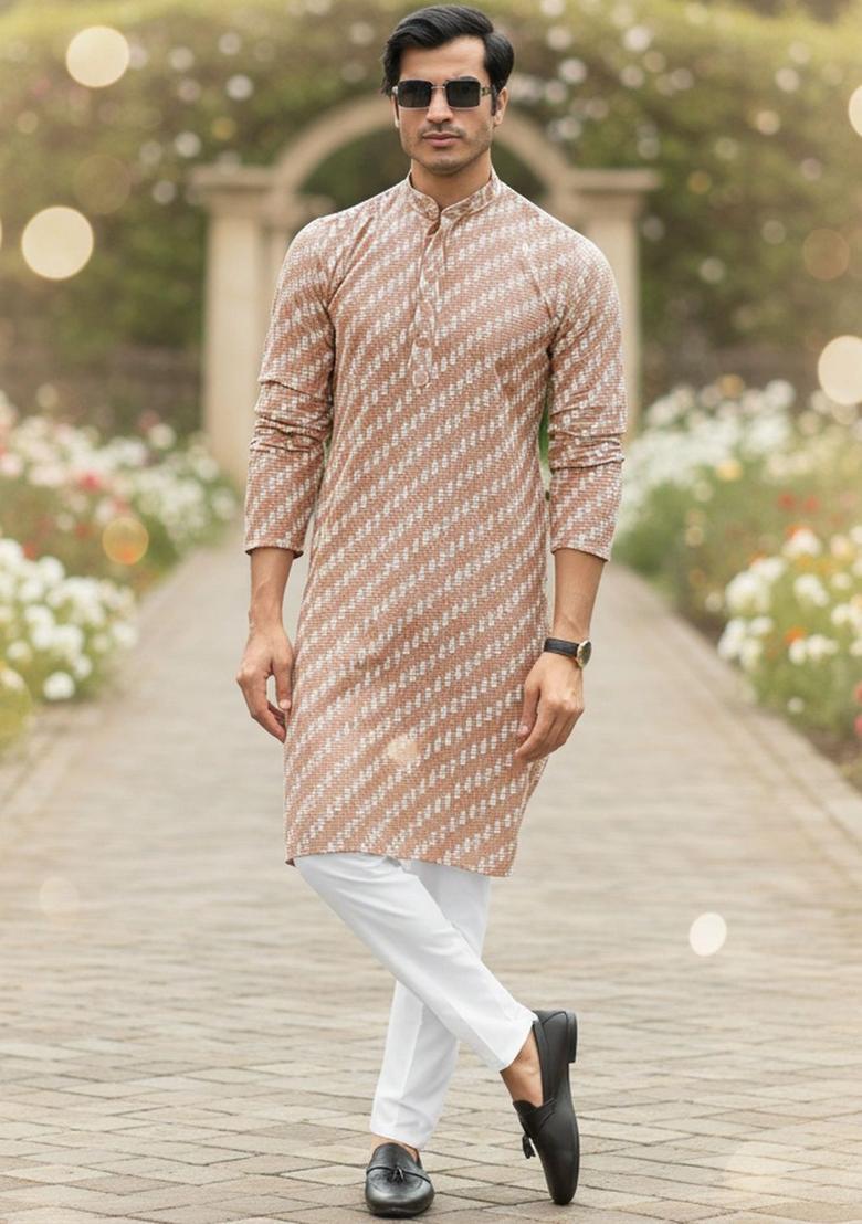 Brown Embroidered Cotton Kurta Set For Men - Indya
