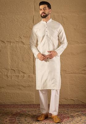 White Self Design Silk Kurta Set For Men