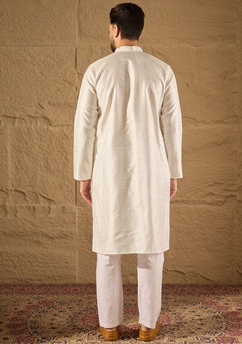 White Self Design Silk Kurta Set For Men - Indya