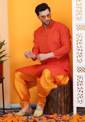 Orange Woven Design Cotton Kurta Set For Men