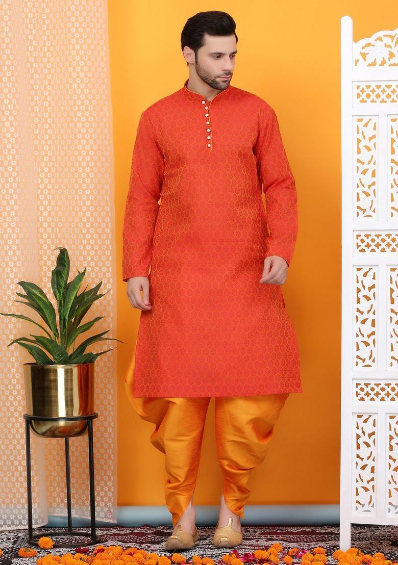 Orange Woven Design Cotton Kurta Set For Men - Indya