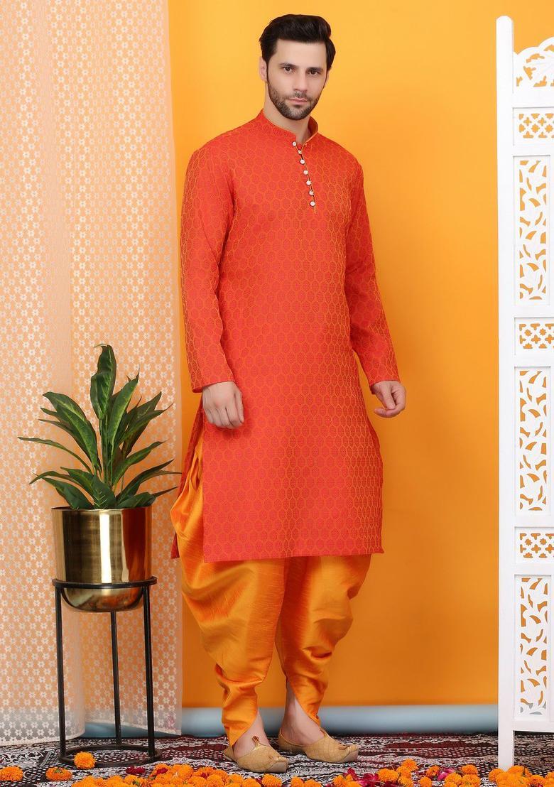 Orange Woven Design Cotton Kurta Set For Men - Indya