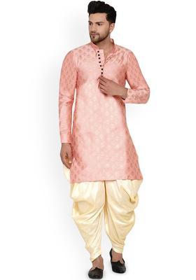 Pink Printed Silk Kurta Set For Men